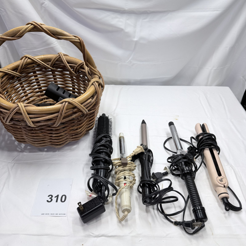 Lot 310: Assorted Hair Styling Tools with Wicker Basket - Curling Irons, Brush, Straighteners