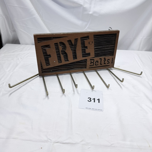 Lot 311: Frye Bolts Wood and Metal Belt Rack with 7 Hooks Wall Mount Display