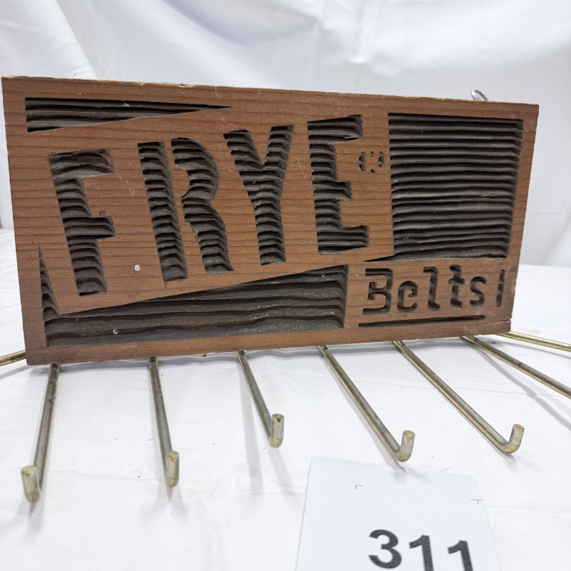 Lot 311: Frye Bolts Wood and Metal Belt Rack with 7 Hooks Wall Mount Display