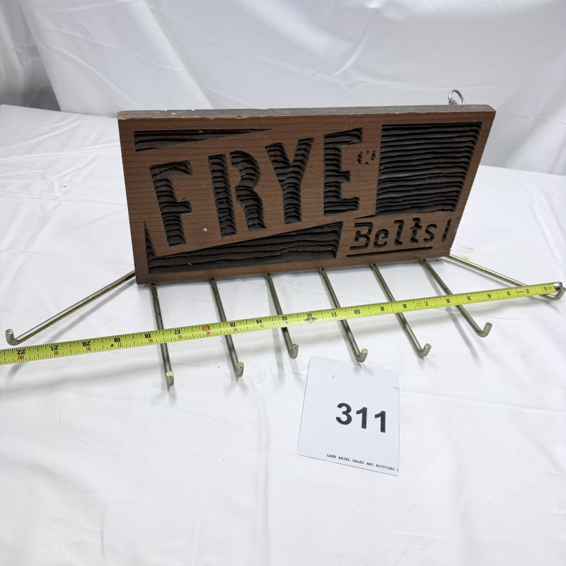Lot 311: Frye Bolts Wood and Metal Belt Rack with 7 Hooks Wall Mount Display