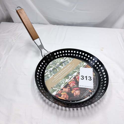 Lot 313: Tommy Bahama Paella Pan with Wood Handle - Black Non-Stick 13.5" x 12