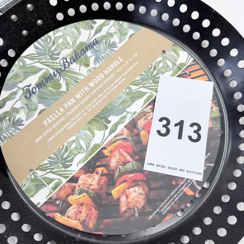Lot 313: Tommy Bahama Paella Pan with Wood Handle - Black Non-Stick 13.5" x 12