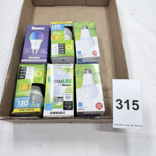 Lot 315: Box of LED Light Bulbs - Roku, MaxLED, 3-Way, Dimmable, Various Wattages