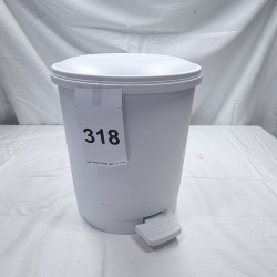 Lot 318: White Plastic Step-On Trash Can Waste Bin with Lid - 318