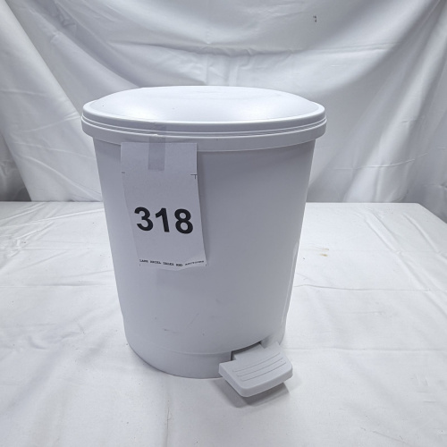 Lot 318: White Plastic Step-On Trash Can Waste Bin with Lid - 318