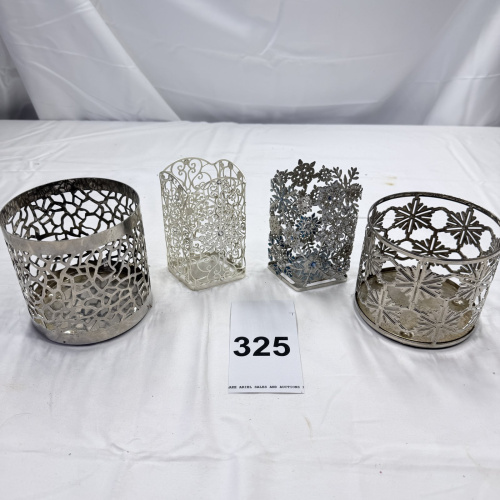 Lot 325: 4 Silver-Plated Metal Openwork Candle Holders - Mosaic Floral Snowflake Designs