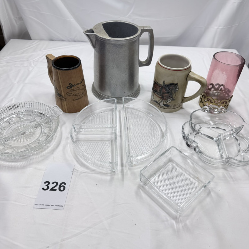 Lot 326: Assorted Glassware and Drinkware Lot - Pitcher, Mugs, Plates, Ashtray