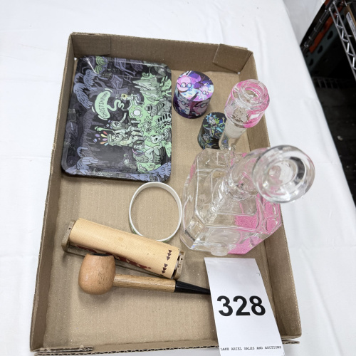 Lot 328: Glass Water Pipe with Rolling Tray, Grinders and Smoking Accessories Set