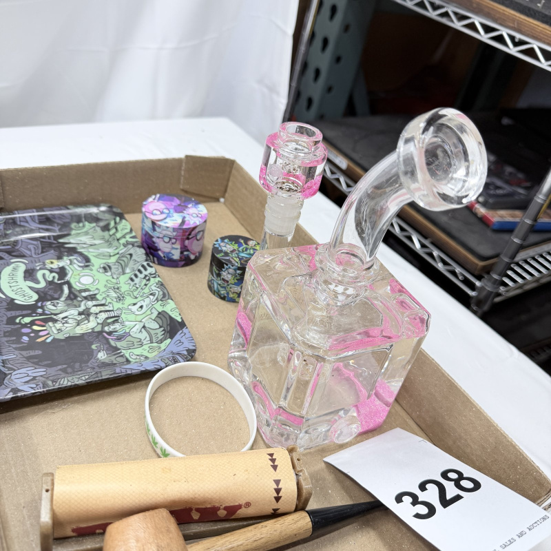 Lot 328: Glass Water Pipe with Rolling Tray, Grinders and Smoking Accessories Set