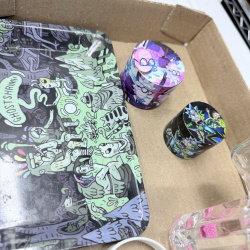 Lot 328: Glass Water Pipe with Rolling Tray, Grinders and Smoking Accessories Set