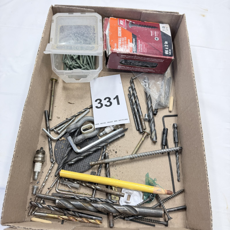 Lot 331: Assorted Drill Bits, Screws, Drywall Screws & Hardware Tools Box Lot