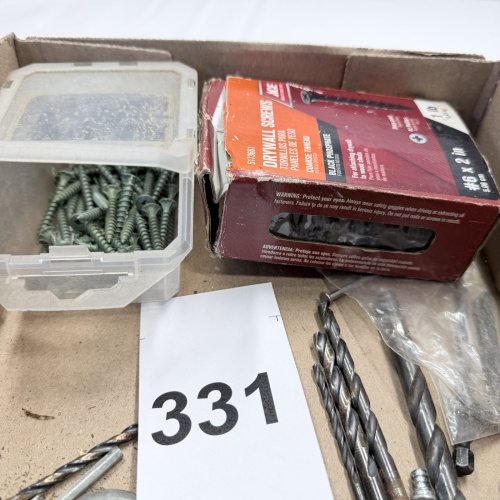 Lot 331: Assorted Drill Bits, Screws, Drywall Screws & Hardware Tools Box Lot