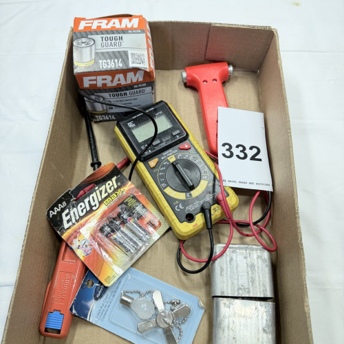 Lot 332: Mixed Tool Lot: FRAM Oil Filters, Digital Multimeter, Emergency Tool, Batteries