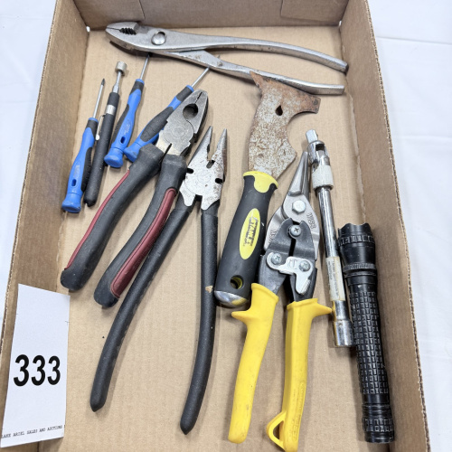 Lot 333: Mixed Lot Hand Tools - Pliers, Screwdrivers, Aviation Snips, Flashlight