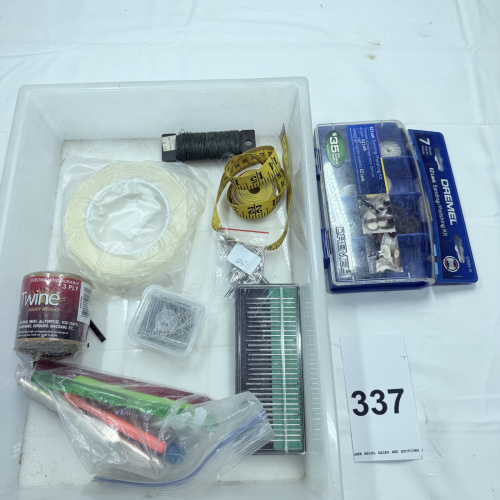 Lot 337: Crafting Supplies Lot - Dremel Sanding Kit, Needles, Twine, Measuring Tape, Wire