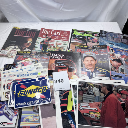 Lot 340: NASCAR Collectibles Lot: Magazines, Window Clings, Sunoco Decals, Photos