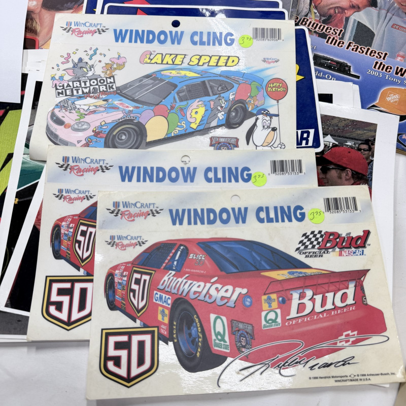 Lot 340: NASCAR Collectibles Lot: Magazines, Window Clings, Sunoco Decals, Photos