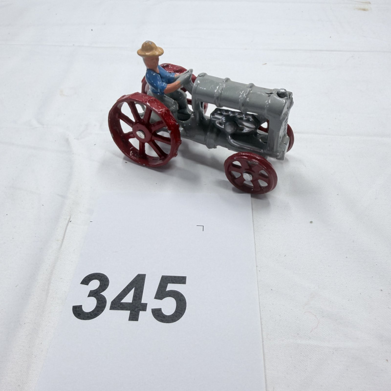 Lot 345: Die Cast Toy Tractor with Farmer Figure Gray & Red Metal
