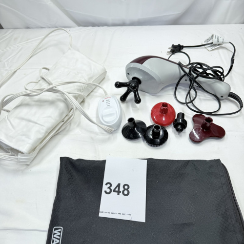 Lot 348: Electric Handheld Massager with Attachments, Heating Pad, and Accessories