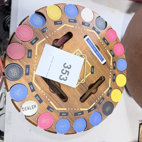 Lot 353: Round Wooden Poker Chip Carousel with Chips and Cards - 353 Label