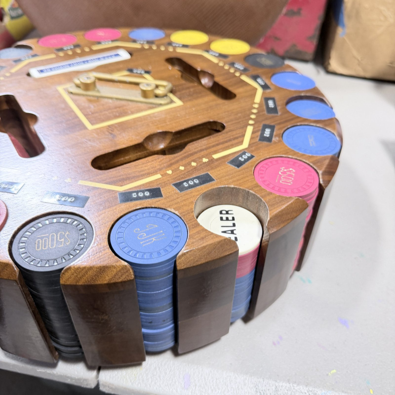 Lot 353: Round Wooden Poker Chip Carousel with Chips and Cards - 353 Label