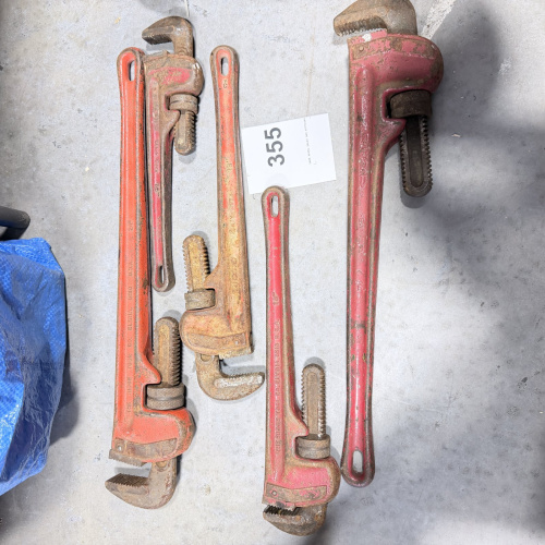 Lot 355: Lot of 5 Vintage Red Pipe Wrenches - Used Condition, Various Sizes