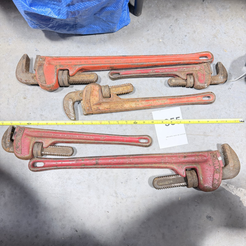 Lot 355: Lot of 5 Vintage Red Pipe Wrenches - Used Condition, Various Sizes