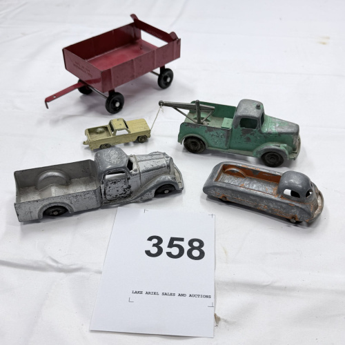 Lot 358: Vintage Toy Vehicle Lot - 5 Die-Cast Trucks & Wagon, Tootsietoy, Ertl, Worn