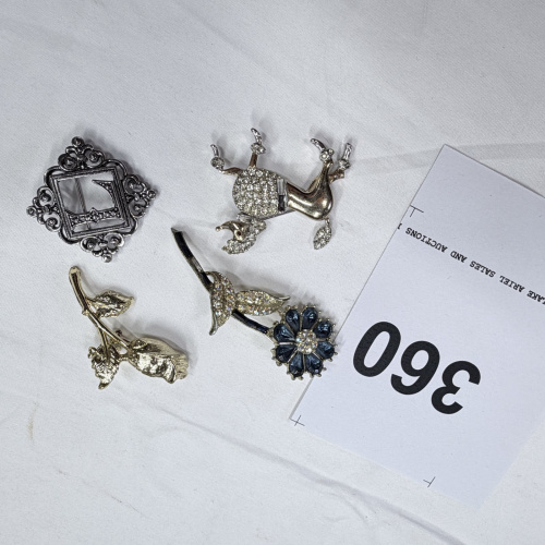 Lot 360: Vintage Costume Jewelry Brooches Lot - Rhinestone Reindeer, Flowers, Frame - 5 Pieces