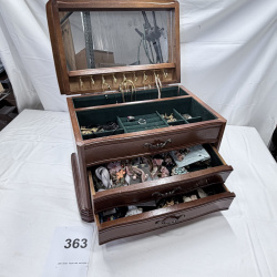 Lot 363: Wooden Jewelry Box with Mirror and Assorted Costume Jewelry Collection