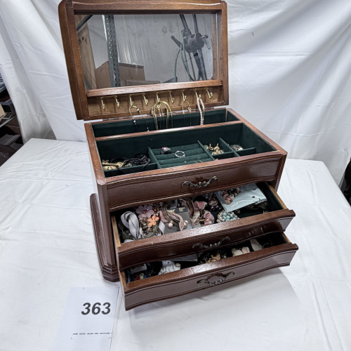 Lot 363: Wooden Jewelry Box with Mirror and Assorted Costume Jewelry Collection