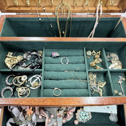 Lot 363: Wooden Jewelry Box with Mirror and Assorted Costume Jewelry Collection