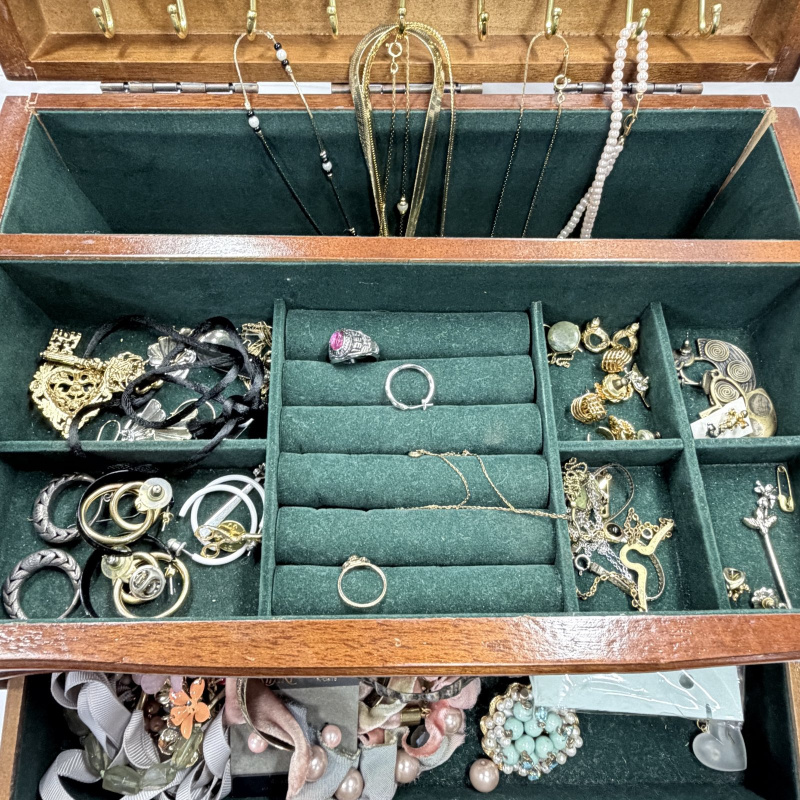 Lot 363: Wooden Jewelry Box with Mirror and Assorted Costume Jewelry Collection
