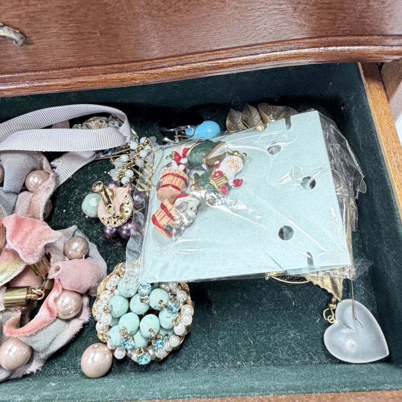 Lot 363: Wooden Jewelry Box with Mirror and Assorted Costume Jewelry Collection