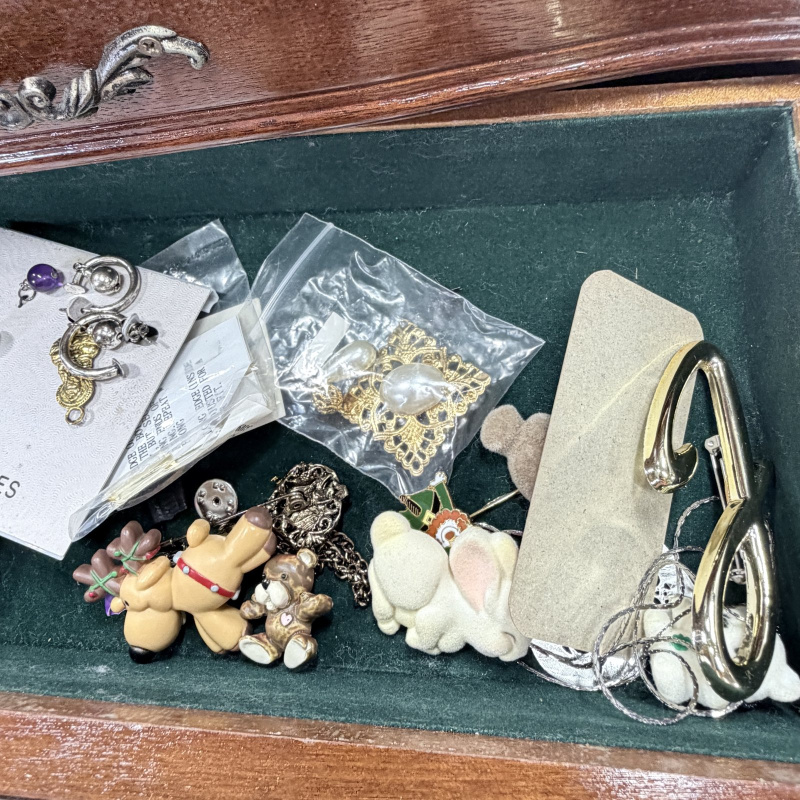 Lot 363: Wooden Jewelry Box with Mirror and Assorted Costume Jewelry Collection