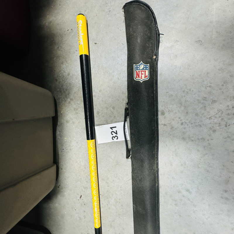 Lot 321: NFL Yellow and Black Pool Cue Stick with Leather Carrying Case Pittsburgh Steelers