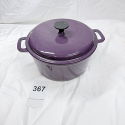 Lot 367: Bella purple enamel cast iron Dutch oven with lid, round covered casserole pot