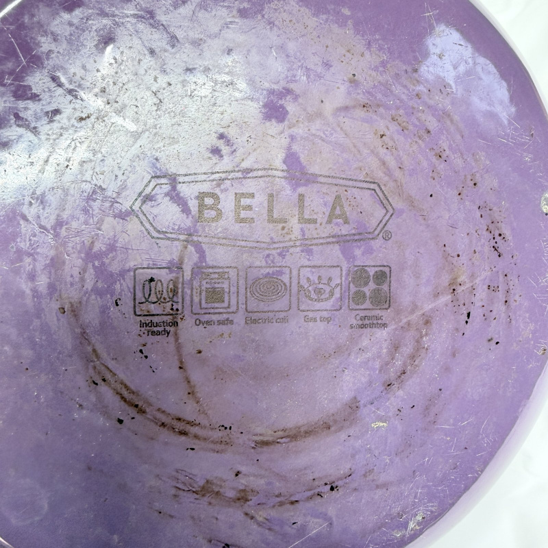 Lot 367: Bella purple enamel cast iron Dutch oven with lid, round covered casserole pot