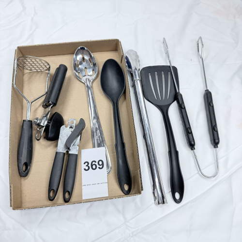 Lot 369: Vintage kitchen utensil lot: stainless slotted spoon, potato masher, can openers, tongs, spatula, and turner, 9 pieces