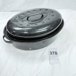 Lot 370: Vintage black speckled porcelain enamelware oval roasting pan with domed lid, 19