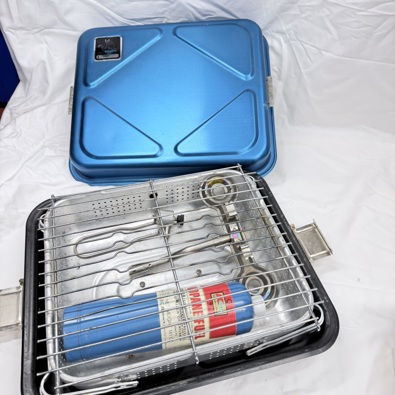 Lot 371: Vintage Kangaroo Kitchen KK-3080 portable propane camp stove/grill set with griddle, case, and utensils