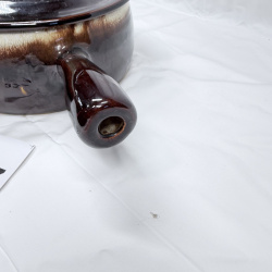 Lot 377: Vintage brown drip glaze stoneware fondue/soup pot with lid and handle, McCoy-style pottery
