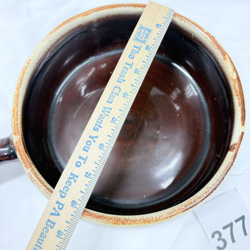 Lot 377: Vintage brown drip glaze stoneware fondue/soup pot with lid and handle, McCoy-style pottery