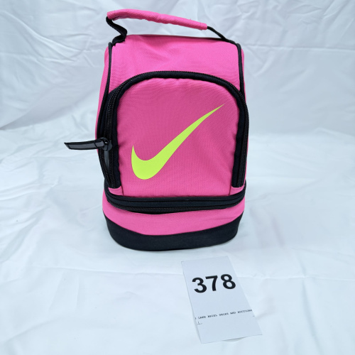 Lot 378: Nike dual-compartment insulated lunch bag, pink with volt swoosh logo
