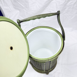 Lot 381: Vintage faux bamboo & wicker-pattern plastic ice bucket with swing handle, lidded insulated liner