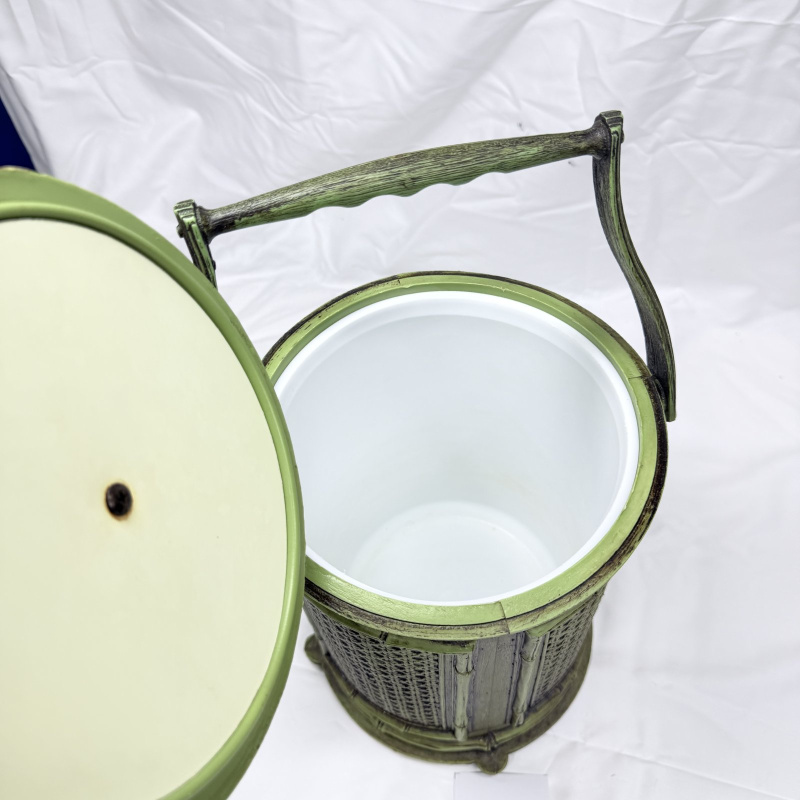 Lot 381: Vintage faux bamboo & wicker-pattern plastic ice bucket with swing handle, lidded insulated liner