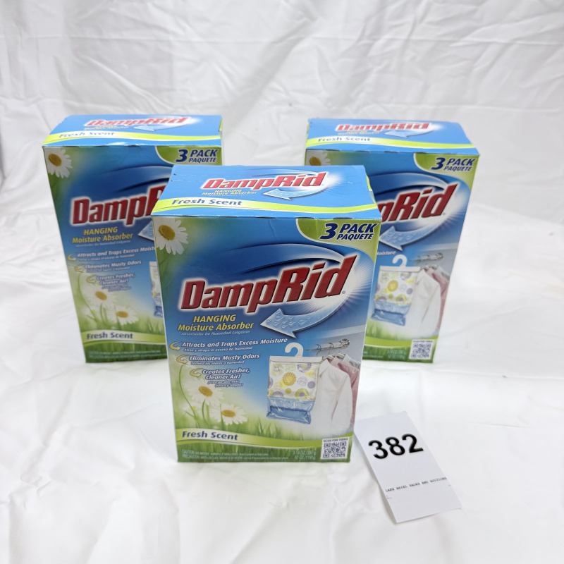 Lot 382: DampRid Hanging Moisture Absorber, Fresh Scent, 3-Pack boxes (Lot of 3)