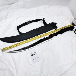 Lot 383: Double-blade scimitar sword with flame/tribal design, paracord-wrapped handle, nylon sheath and shoulder strap