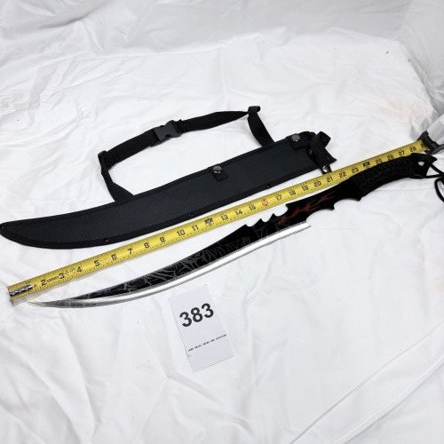 Lot 383: Double-blade scimitar sword with flame/tribal design, paracord-wrapped handle, nylon sheath and shoulder strap