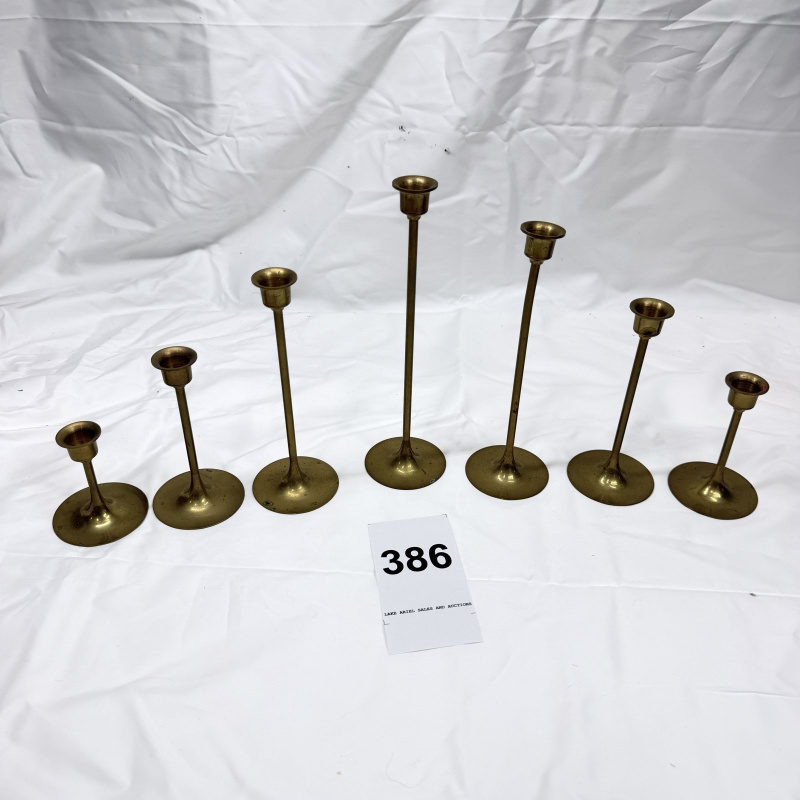 Lot 386: Vintage Leonard Silver Mfg. Co. (Towle) brass graduated candlestick holders, set of 7, Taiwan